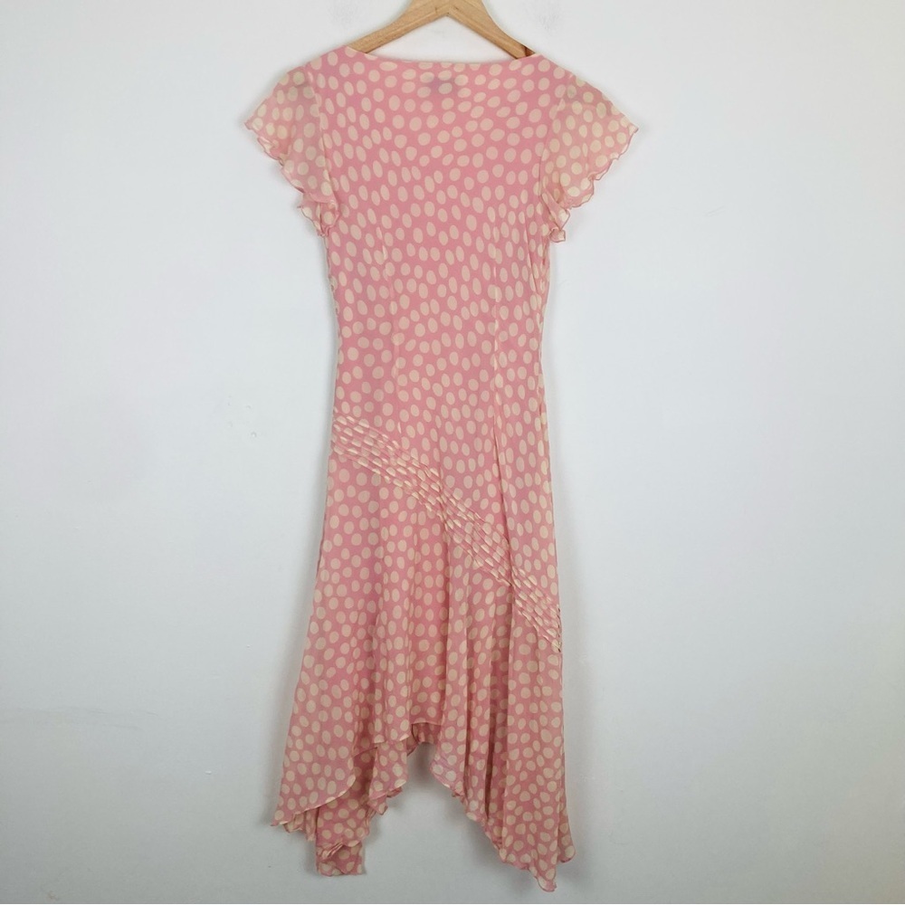 Vintage 90s/Y2K pink and cream polka dot 100% silk midi dress asymmetric hem. 2P - Picture 4 of 6